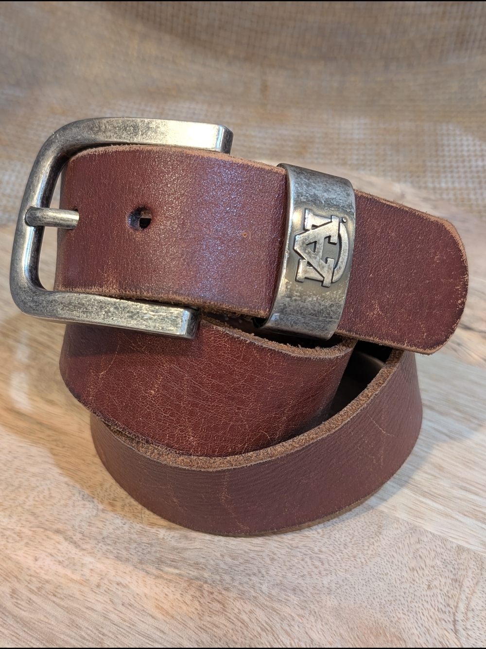 Fossil Men's Brown Leather Belt with Silver Tone Auburn AU Logo, Size 32